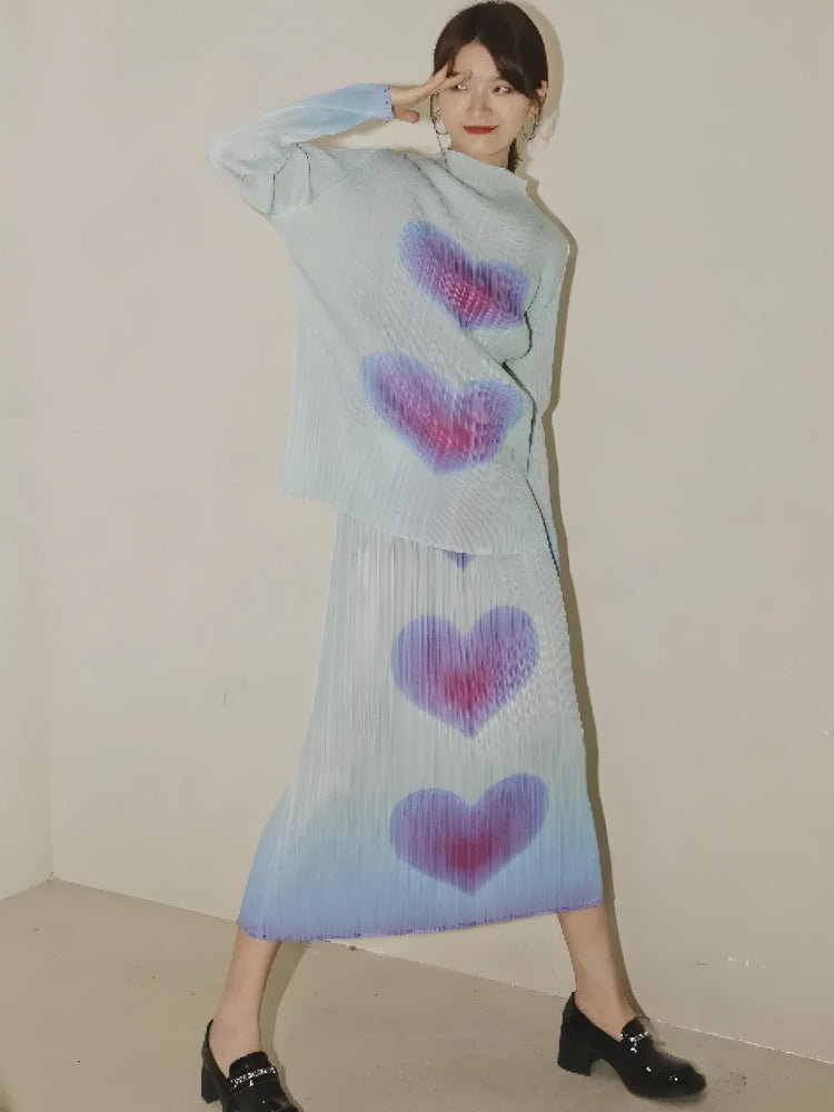 Heart Pleated Top & Midi Skirt Two Piece Set - KAYSMAR