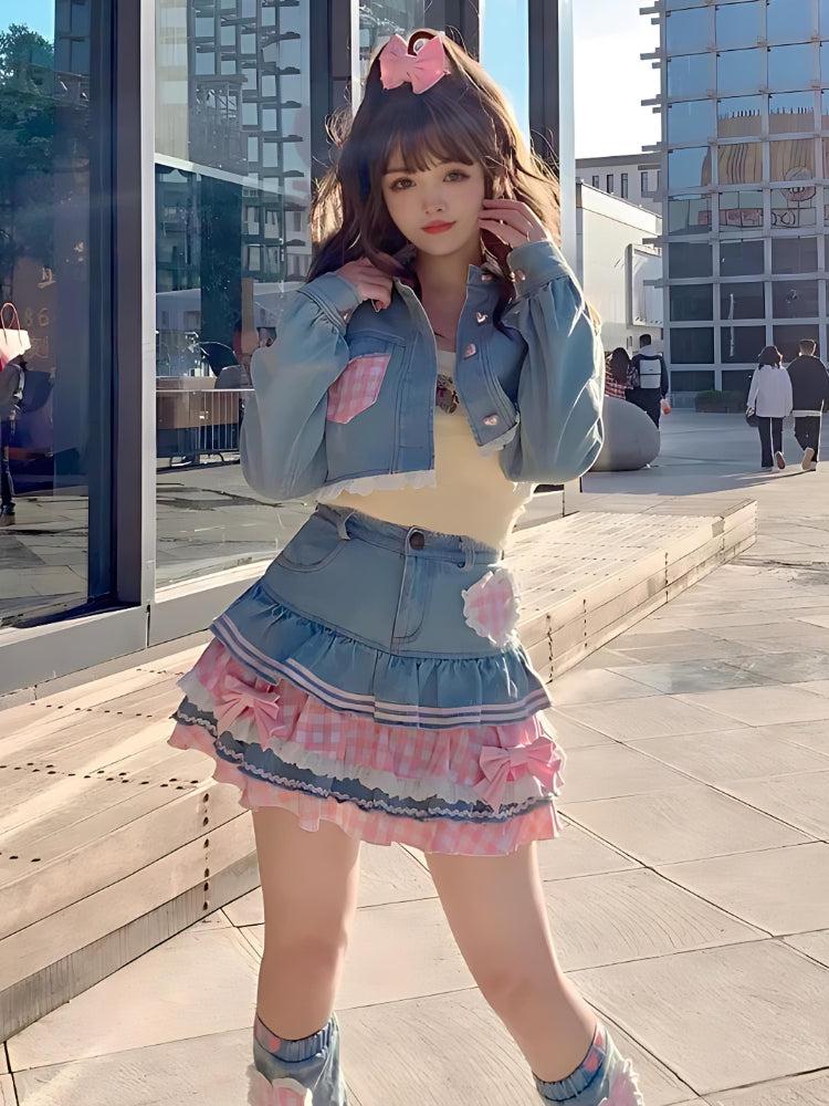 Kawaii Layered Denim Mini Skirt - KAYSMAR