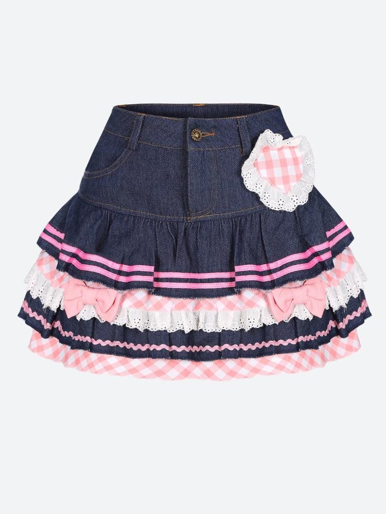 Kawaii Layered Denim Mini Skirt - KAYSMAR