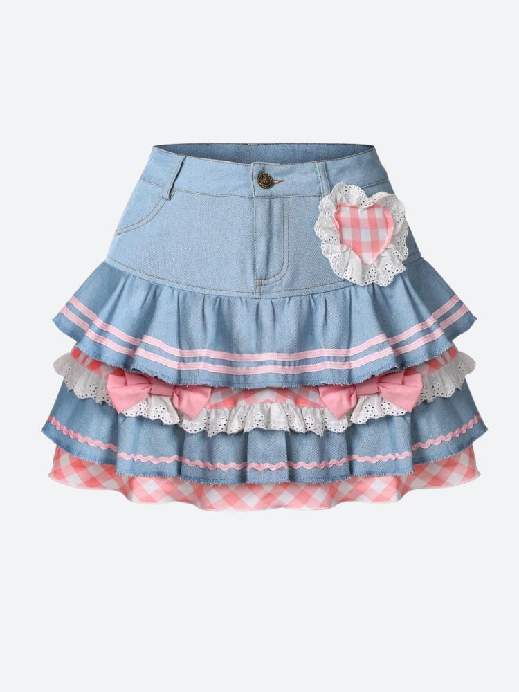 Kawaii Layered Denim Mini Skirt - KAYSMAR