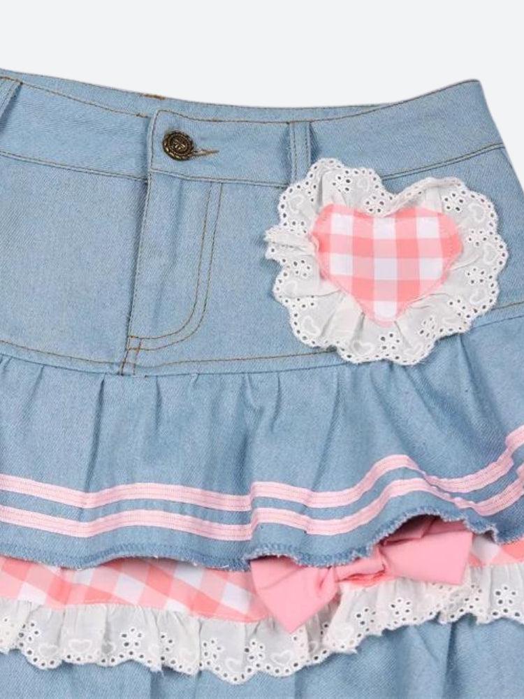 Kawaii Layered Denim Mini Skirt - KAYSMAR