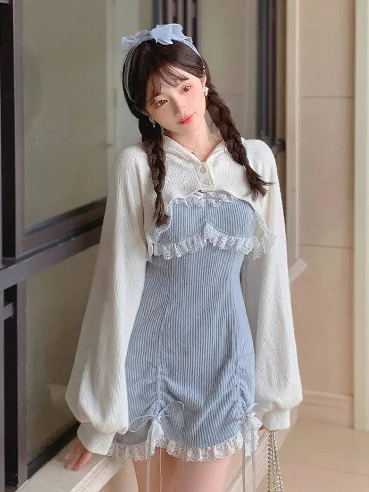 Kawaii Mini Dress & Crop Cardigan Two Piece Set - KAYSMAR