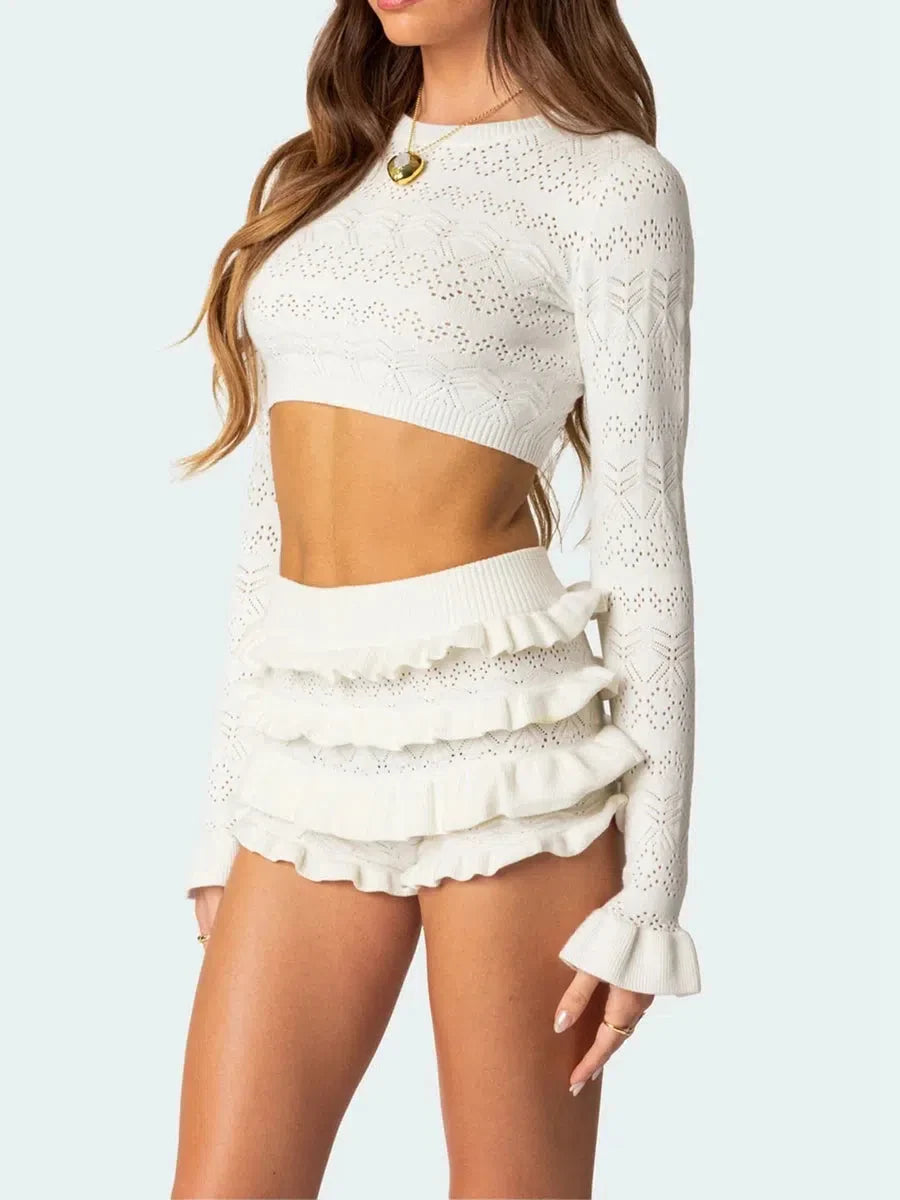 Knitted Crop Top & Ruffled Shorts Two Piece Set - KAYSMAR