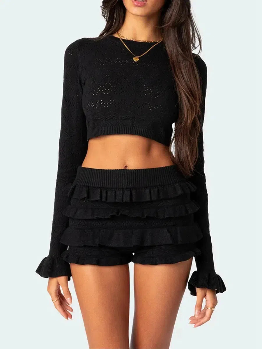 Knitted Crop Top & Ruffled Shorts Two Piece Set - KAYSMAR