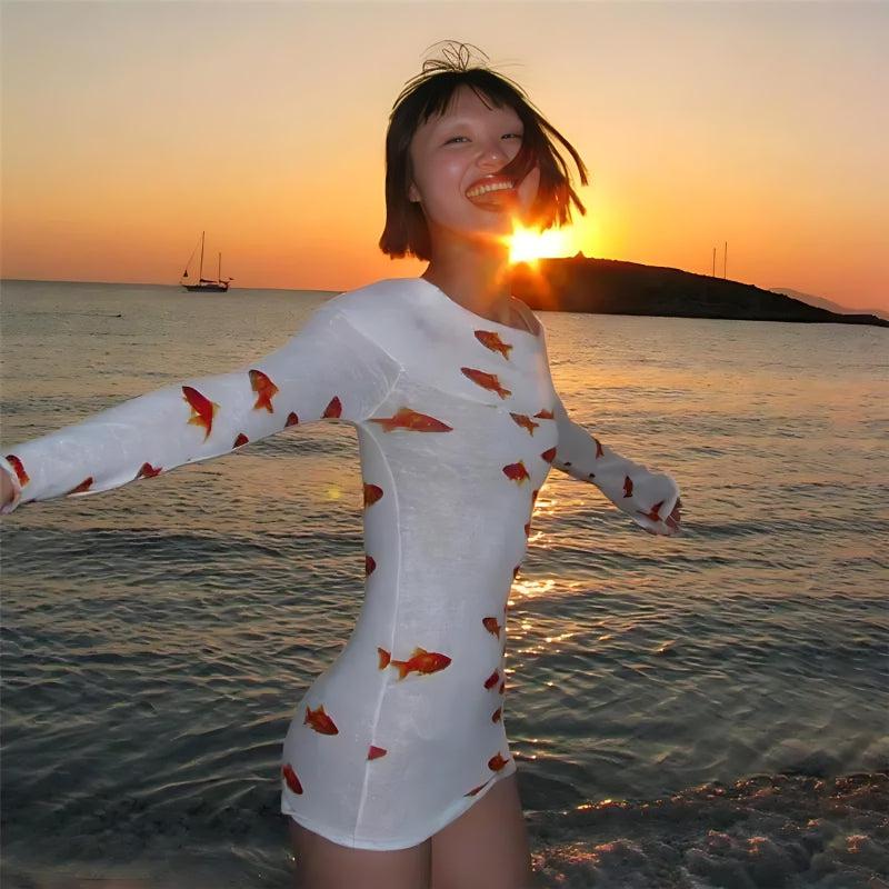 Koi Fish Printed Mesh Mini Dress - KAYSMAR