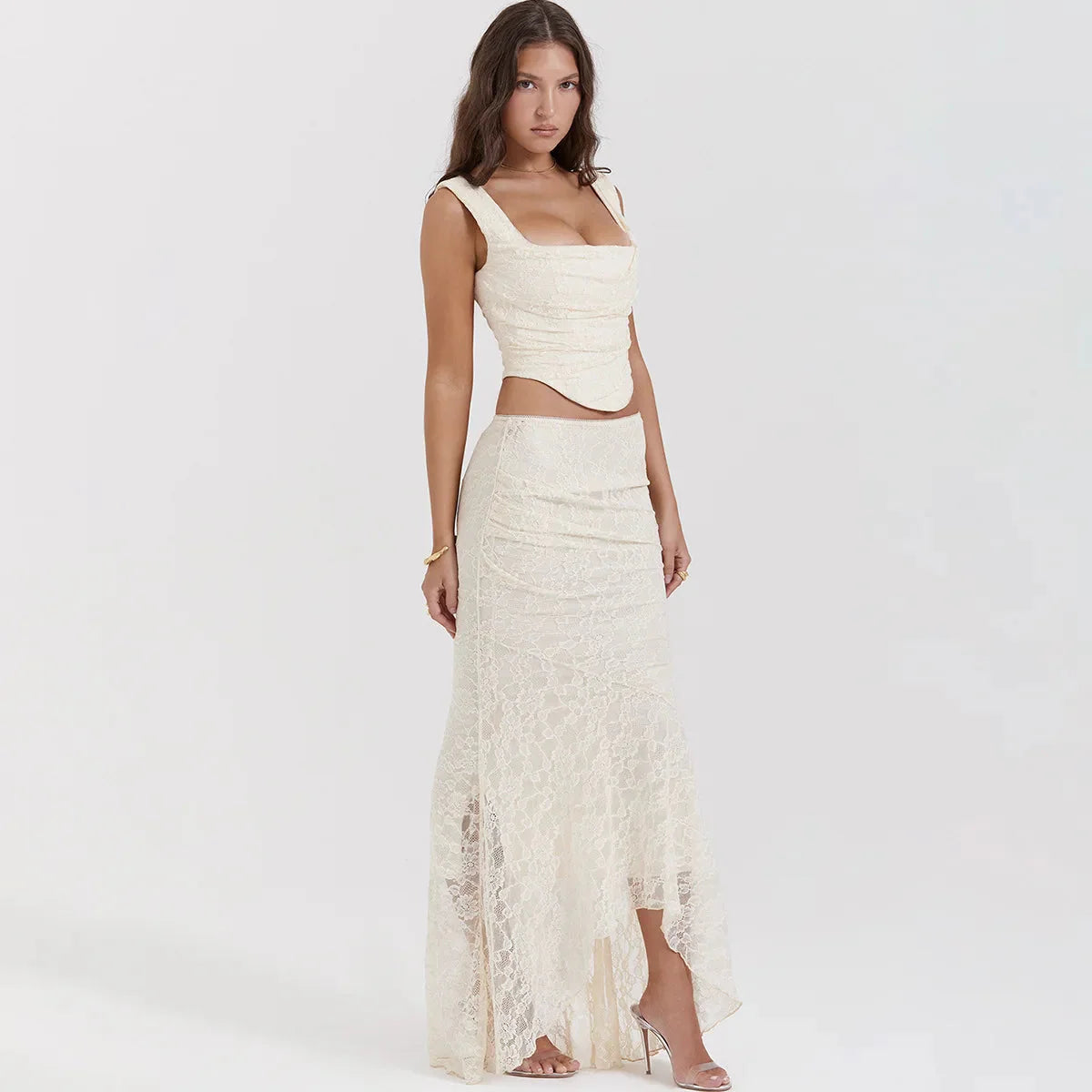 Lace Corset & Asymmetric Midi Skirt Two Piece Set - KAYSMAR