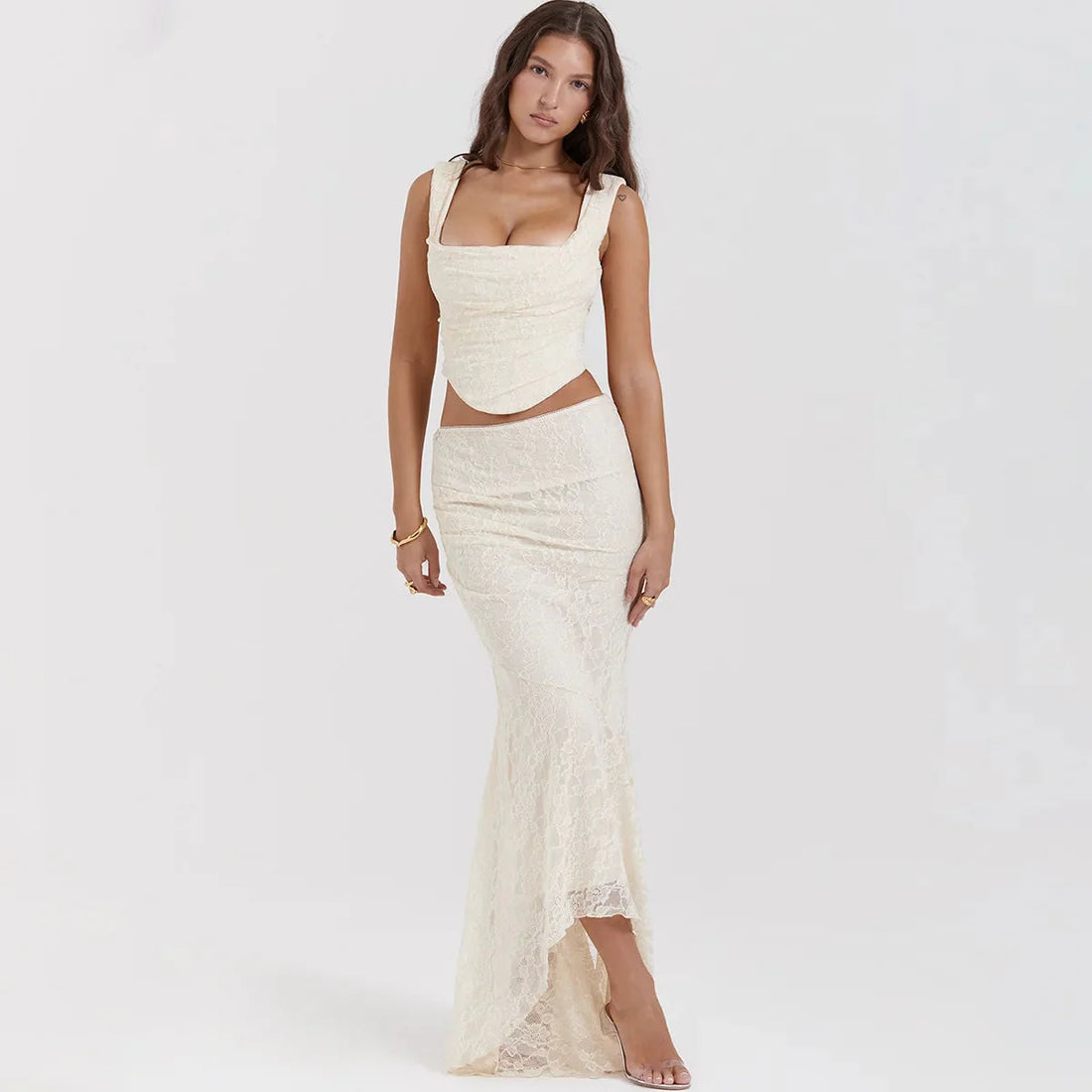 Lace Corset & Asymmetric Midi Skirt Two Piece Set - KAYSMAR