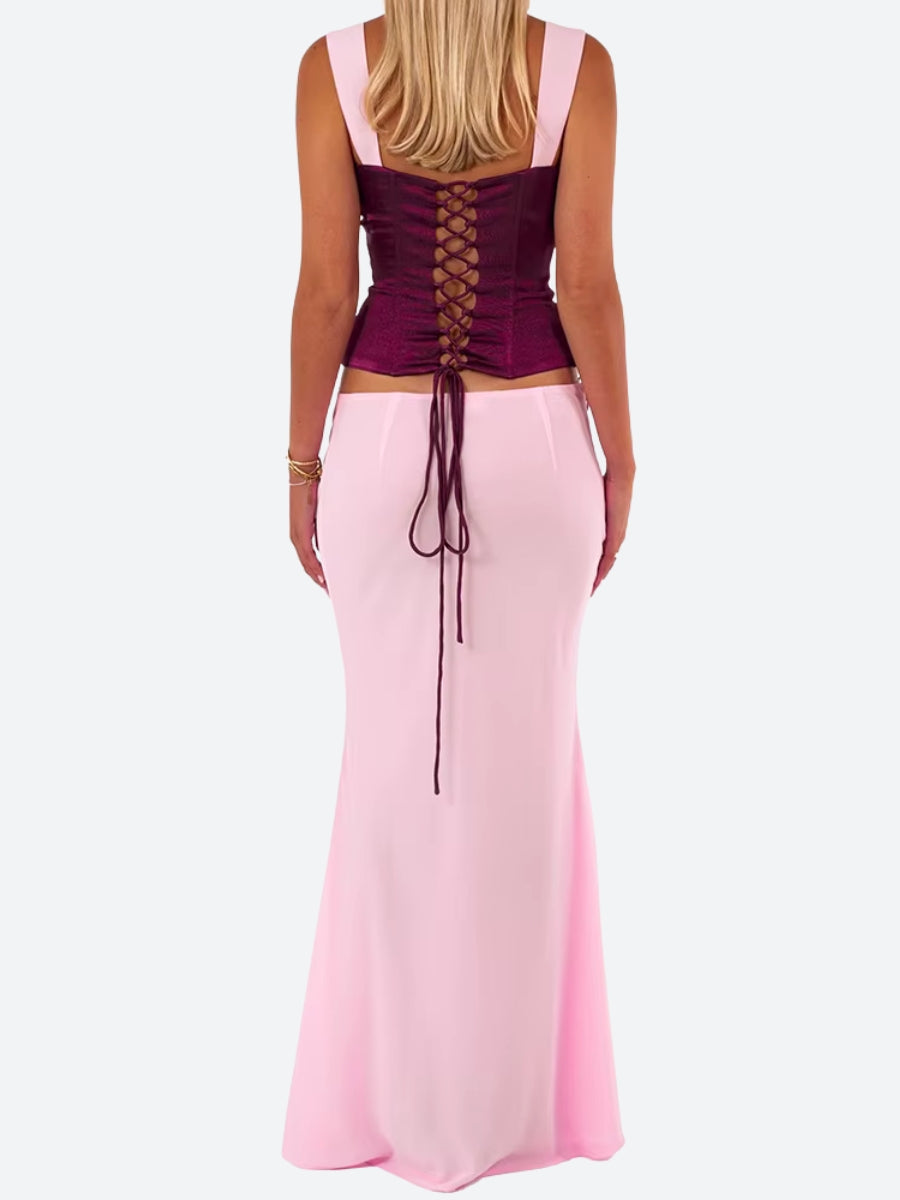 Lace Up Corset Top & Maxi Skirt Two Piece Set - KAYSMAR