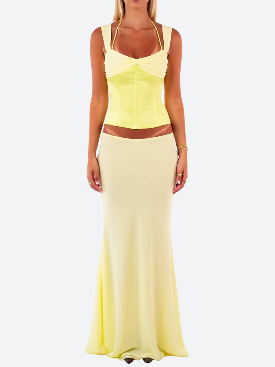 Lace Up Corset Top & Maxi Skirt Two Piece Set - KAYSMAR