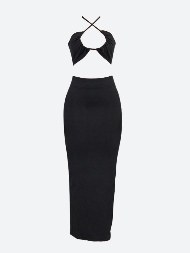 Lace Up Crop Top & Slit Maxi Skirt Two Piece Set - KAYSMAR