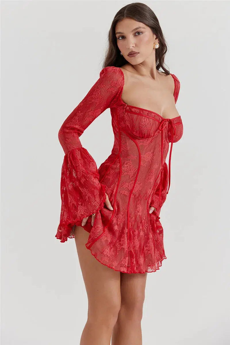 Lace Wired Cups Plunge Neck Mini Dress - KAYSMAR