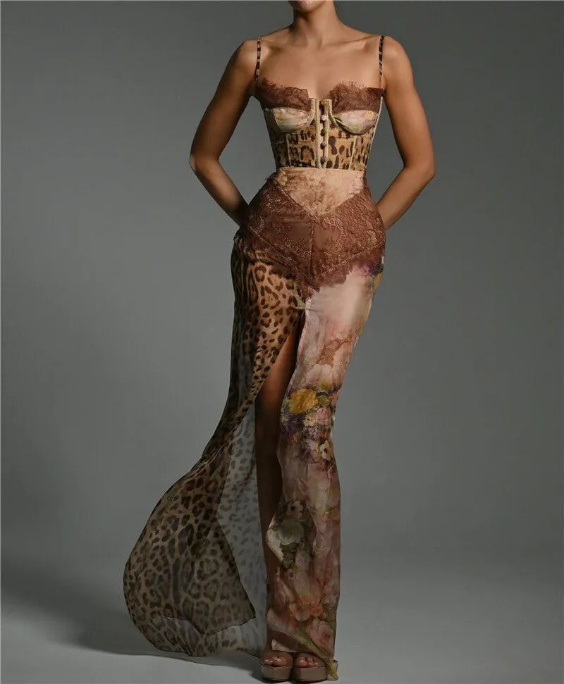 Leopard Patchwork Slit Maxi Dress - KAYSMAR