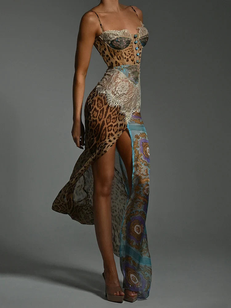 Leopard Patchwork Slit Maxi Dress - KAYSMAR