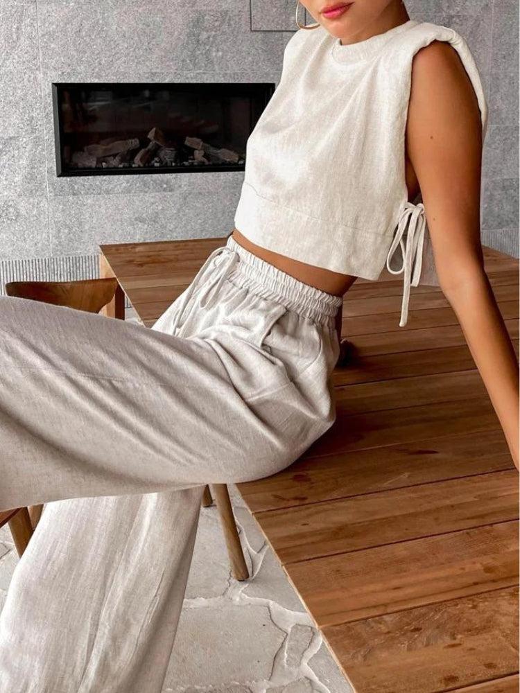 Linen Lace Up Crop Top & Pants Two Piece Set - KAYSMAR