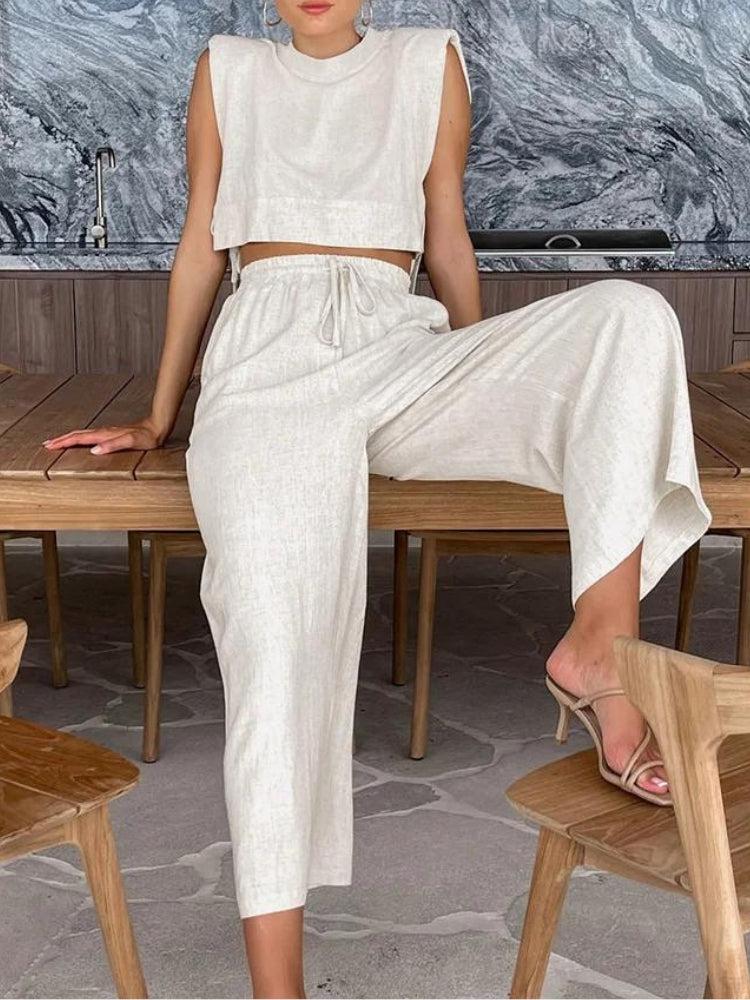 Linen Lace Up Crop Top & Pants Two Piece Set - KAYSMAR