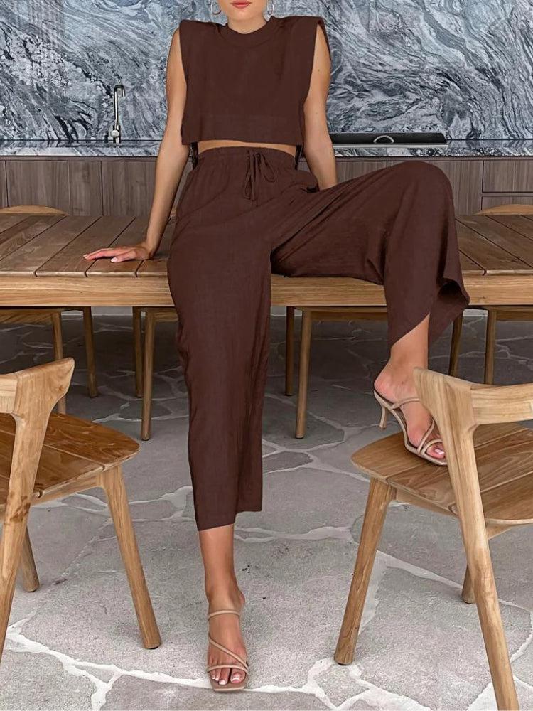Linen Lace Up Crop Top & Pants Two Piece Set - KAYSMAR