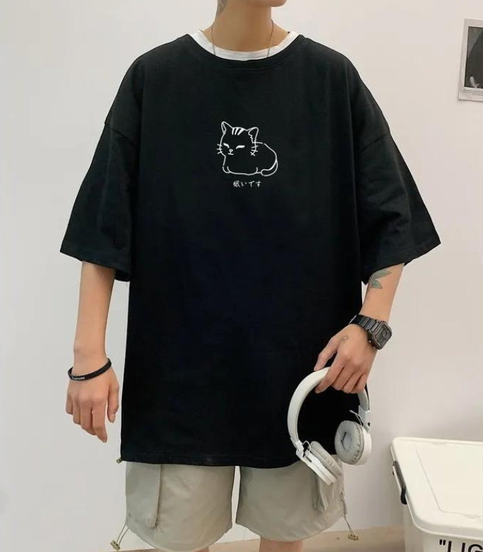 Lying Cat Drop Shoulder Tee - KAYSMAR
