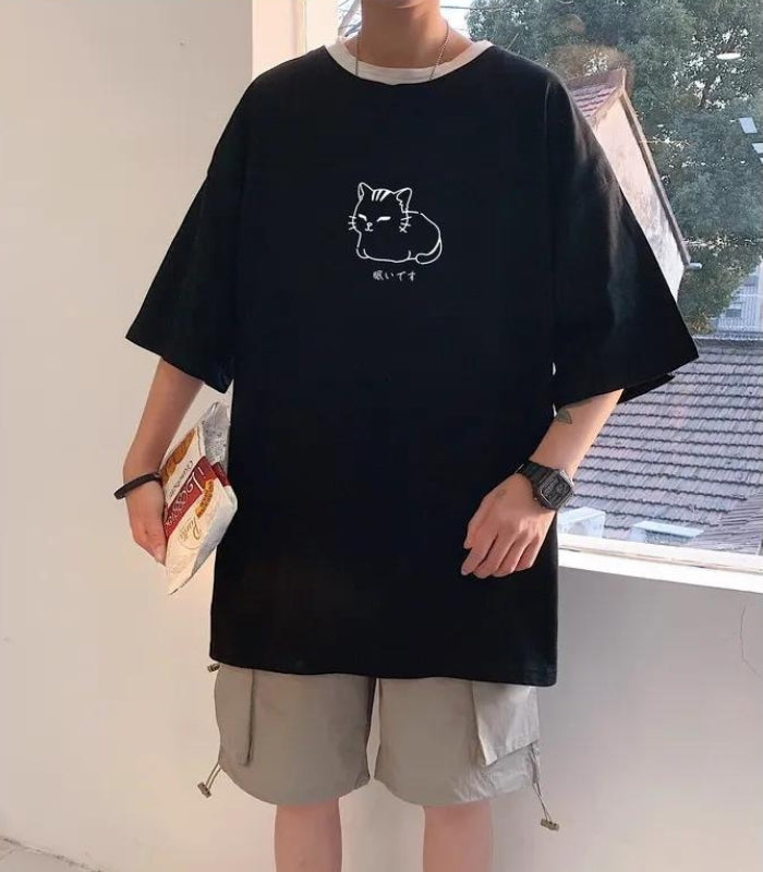 Lying Cat Drop Shoulder Tee - KAYSMAR