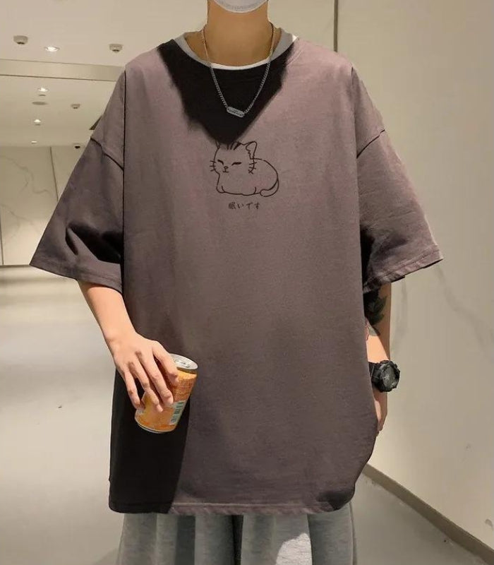 Lying Cat Drop Shoulder Tee - KAYSMAR