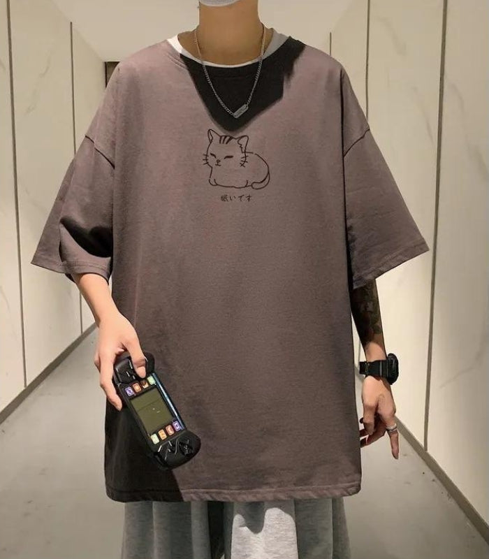 Lying Cat Drop Shoulder Tee - KAYSMAR