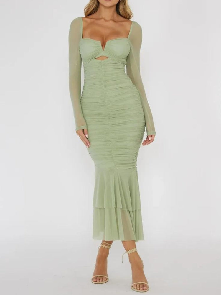 Mesh Ruched Bodycon Midi Dress - KAYSMAR