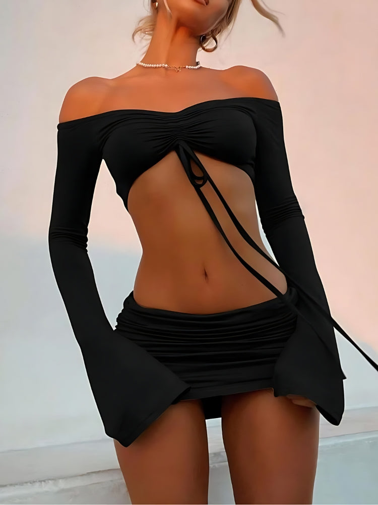 Off Shoulder Crop Top & Mini Skirt Two Piece Set - KAYSMAR