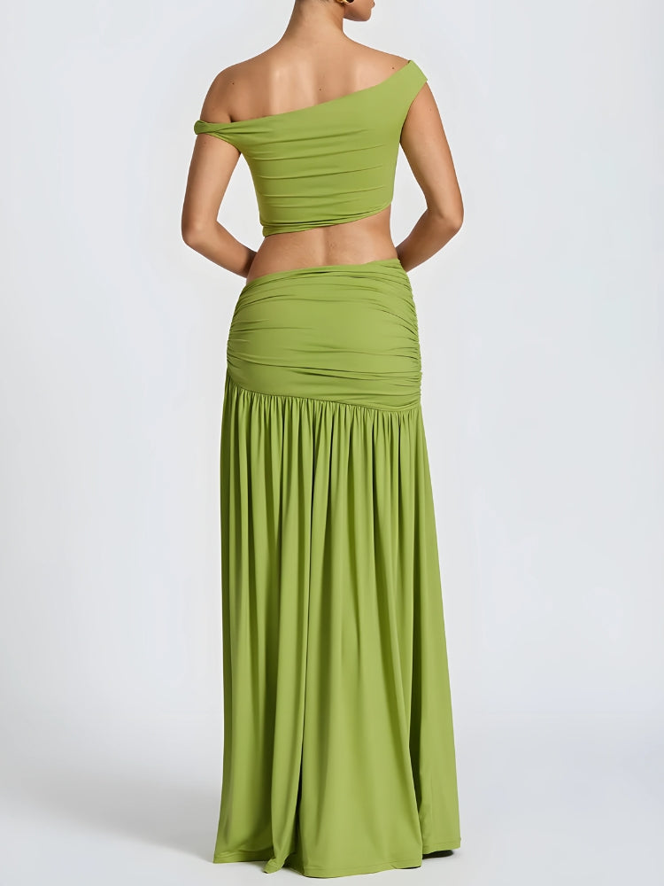Off Shoulder Crop Top & Slit Maxi Dress Two Piece Set - KAYSMAR