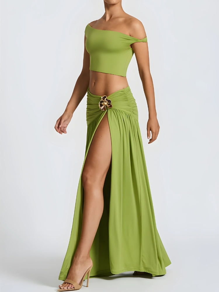 Off Shoulder Crop Top & Slit Maxi Dress Two Piece Set - KAYSMAR