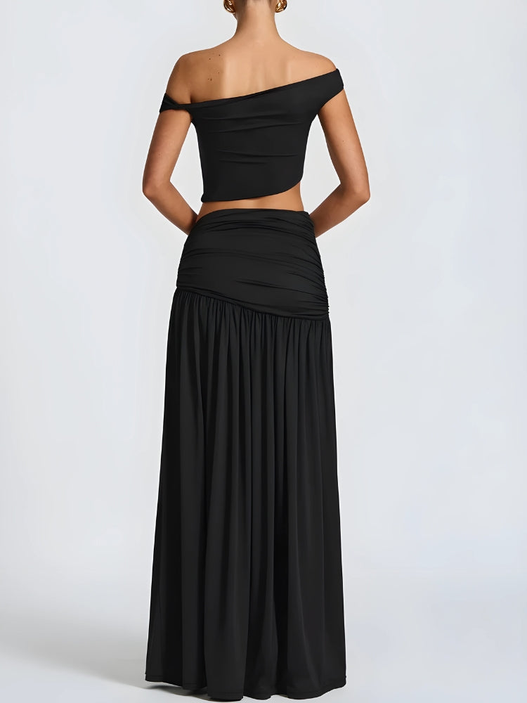 Off Shoulder Crop Top & Slit Maxi Dress Two Piece Set - KAYSMAR