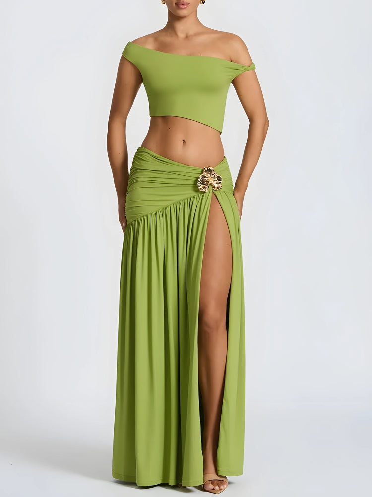 Off Shoulder Crop Top & Slit Maxi Dress Two Piece Set - KAYSMAR