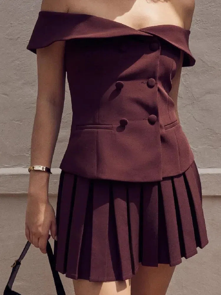 Off Shoulder Top & Pleated Mini Skirt Two Piece Set - KAYSMAR