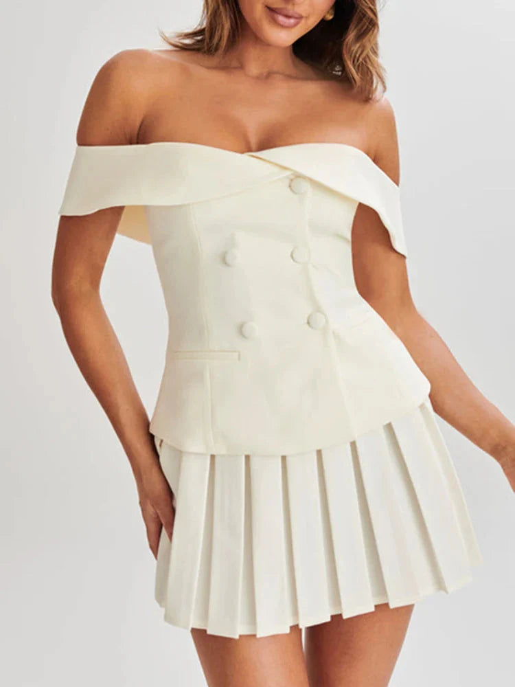 Off Shoulder Top & Pleated Mini Skirt Two Piece Set - KAYSMAR
