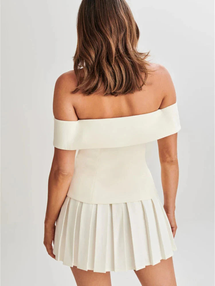 Off Shoulder Top & Pleated Mini Skirt Two Piece Set - KAYSMAR