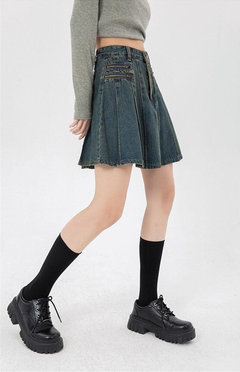 Pleated Denim Mini Skirt - KAYSMAR