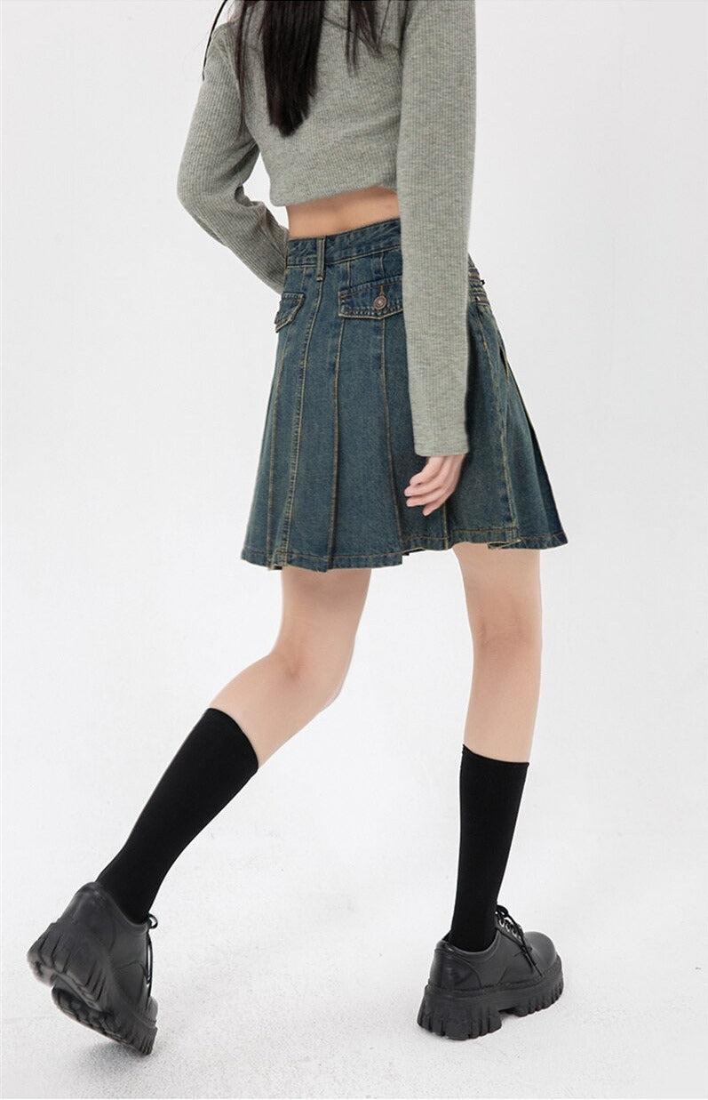 Pleated Denim Mini Skirt - KAYSMAR