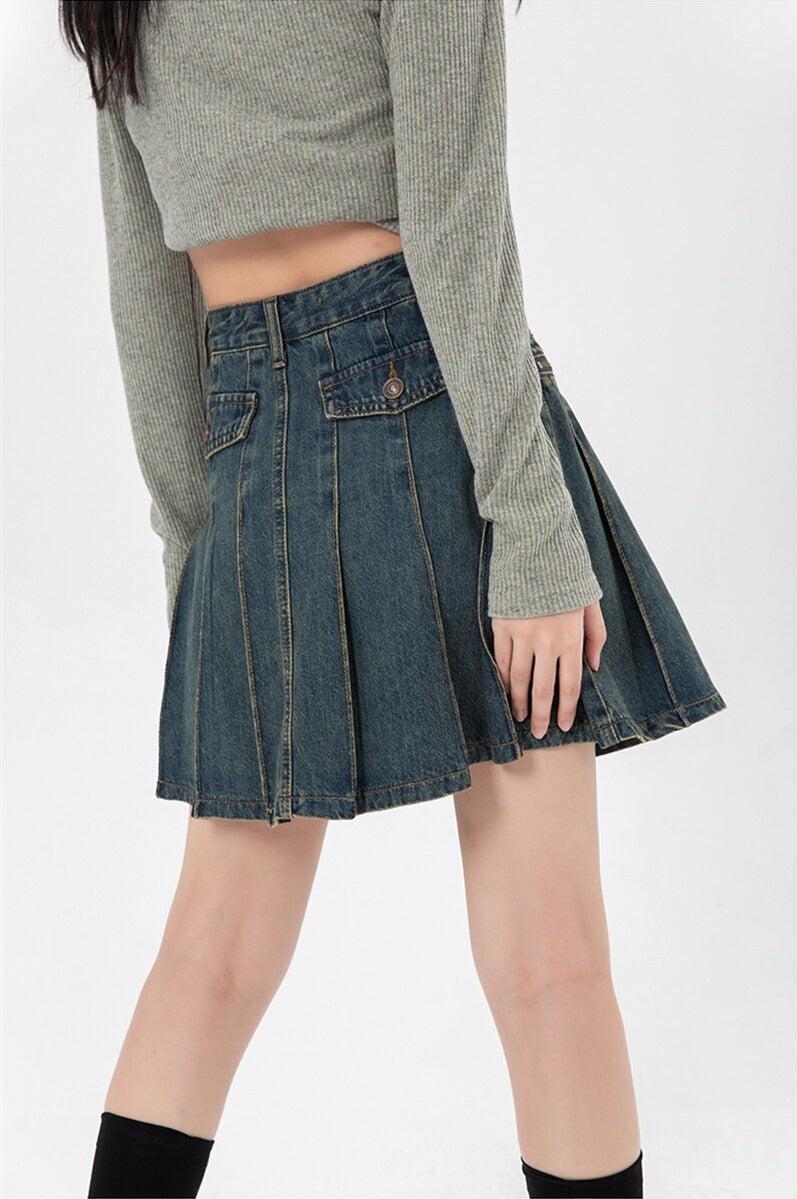 Pleated Denim Mini Skirt - KAYSMAR