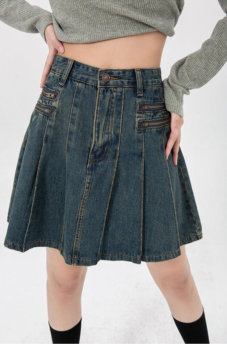 Pleated Denim Mini Skirt - KAYSMAR