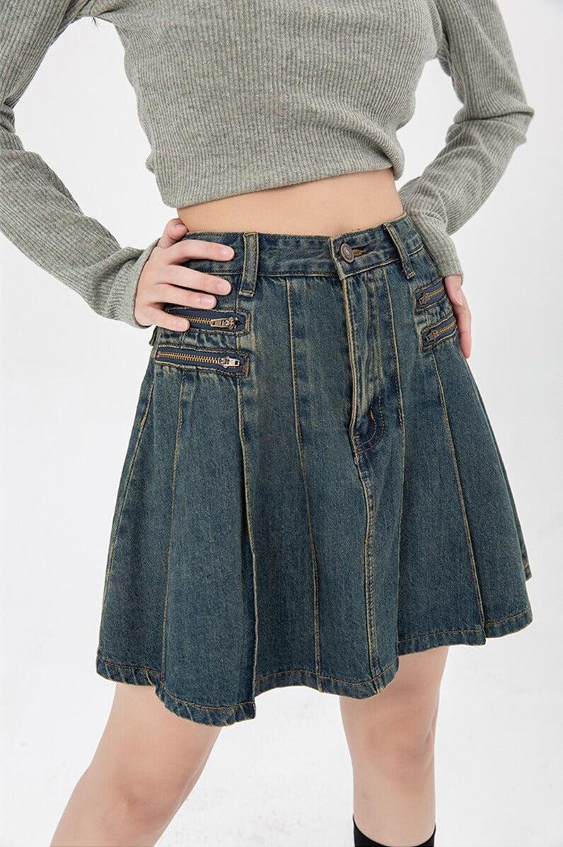 Pleated Denim Mini Skirt - KAYSMAR