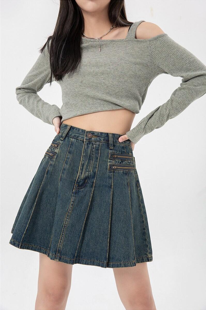 Pleated Denim Mini Skirt - KAYSMAR