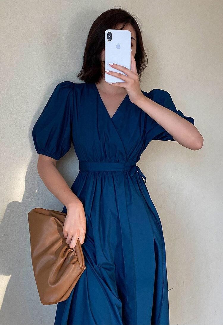 Puff Sleeve Wrap Midi Dress - KAYSMAR
