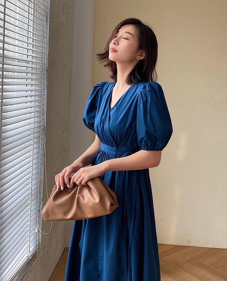 Puff Sleeve Wrap Midi Dress - KAYSMAR