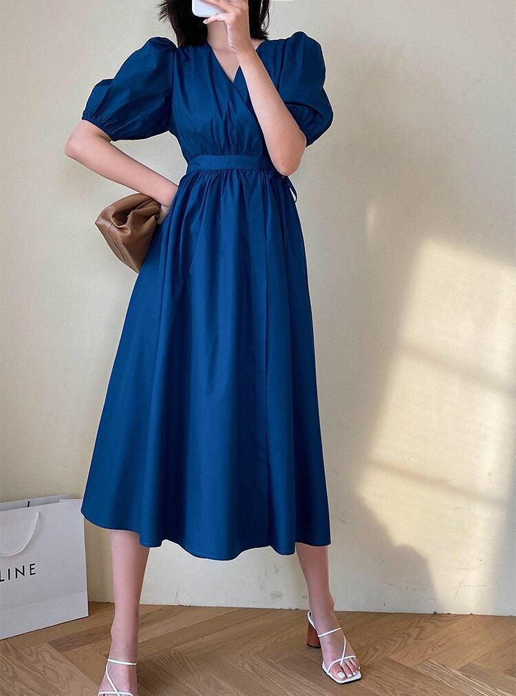 Puff Sleeve Wrap Midi Dress - KAYSMAR