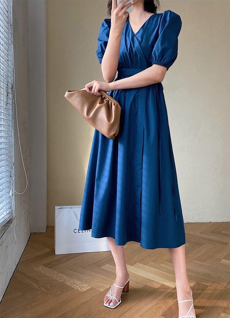 Puff Sleeve Wrap Midi Dress - KAYSMAR