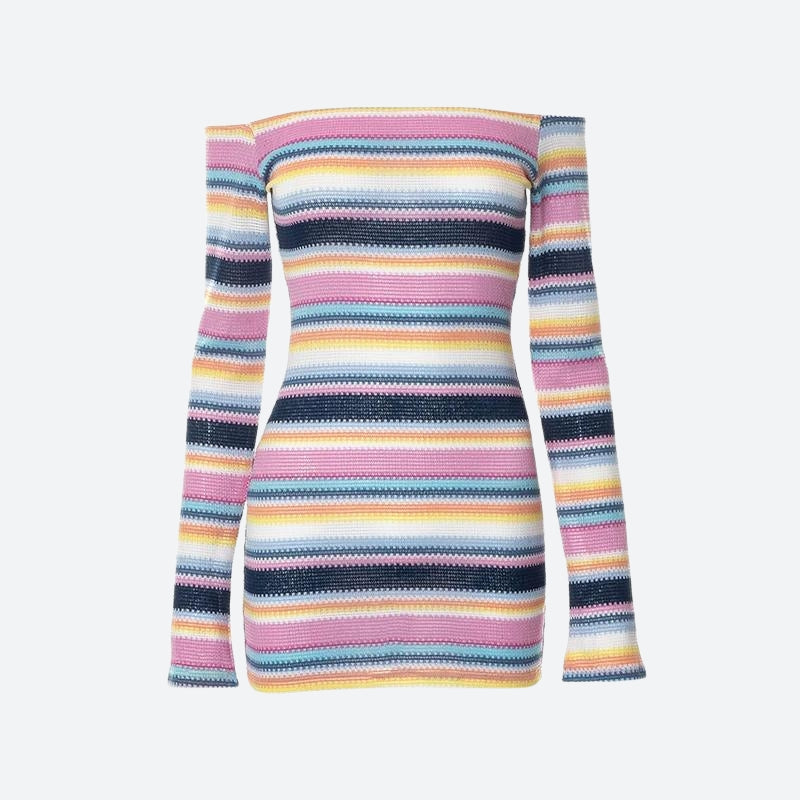 Rainbow Off Shoulder Knitted Mini Dress - KAYSMAR