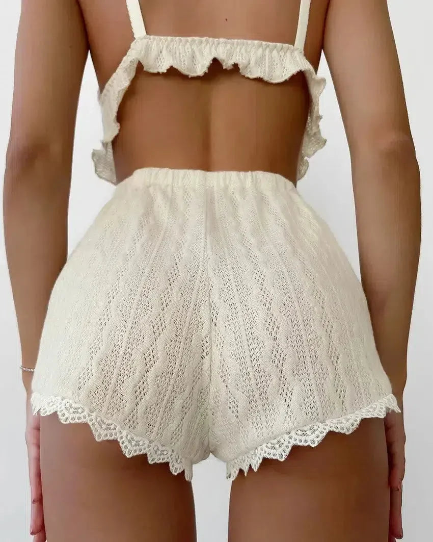 Ruffled Crop Top & Lace Trim Shorts Two Piece Set - KAYSMAR