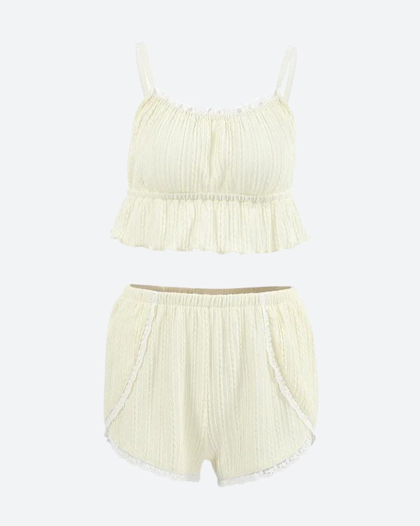Ruffled Crop Top & Lace Trim Shorts Two Piece Set - KAYSMAR