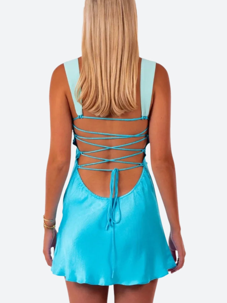 Satin Lace Up Backless Mini Dress - KAYSMAR