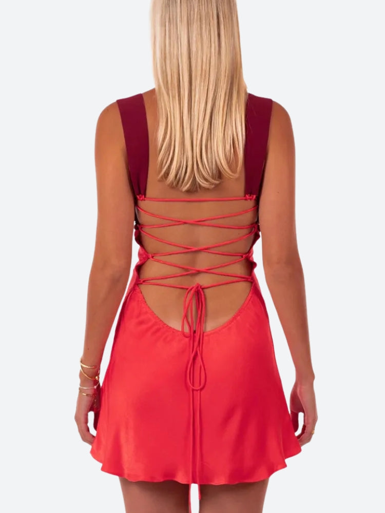 Satin Lace Up Backless Mini Dress - KAYSMAR