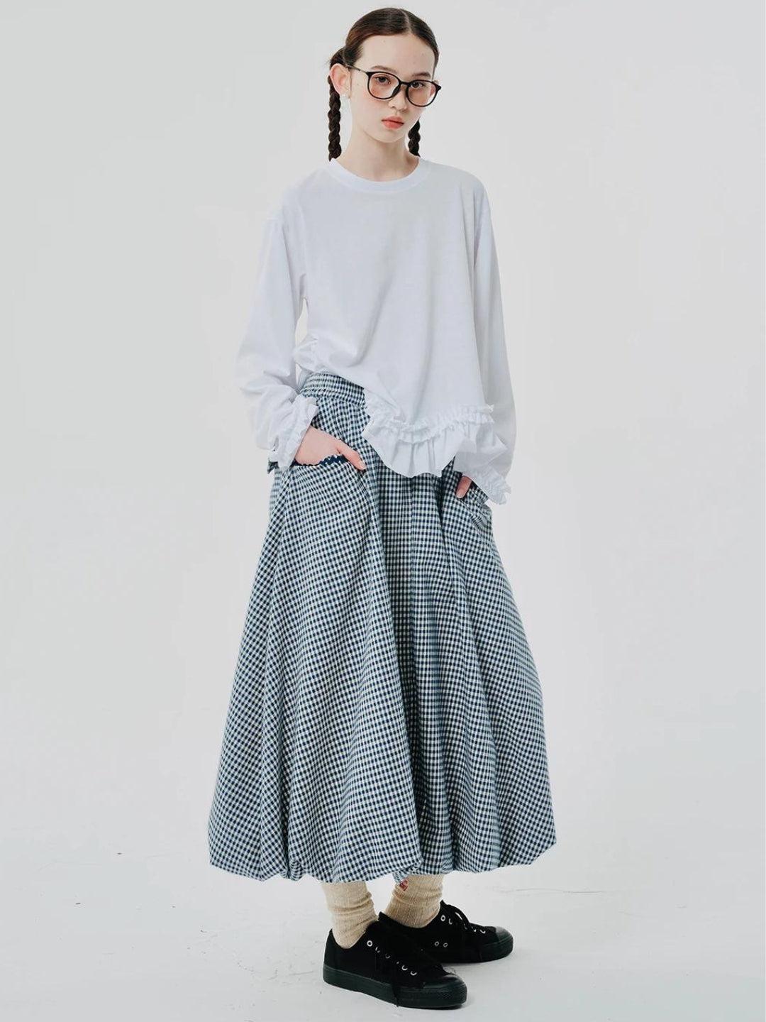 Soft Girl Plaid Bubble Midi Skirt - KAYSMAR
