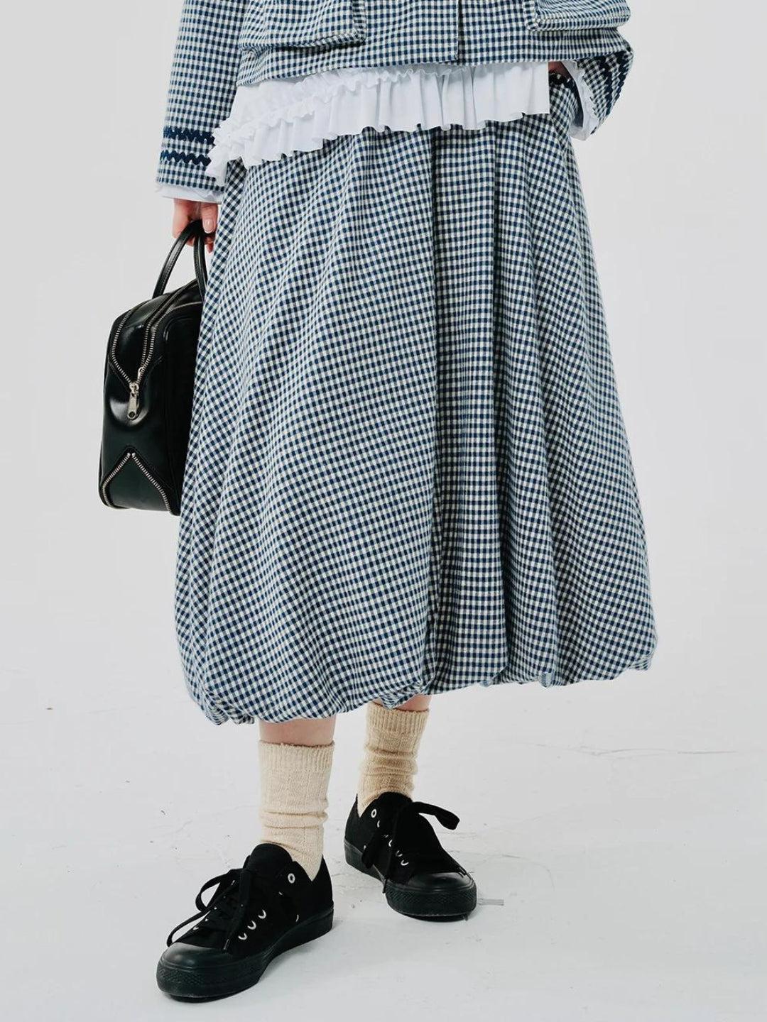 Soft Girl Plaid Bubble Midi Skirt - KAYSMAR